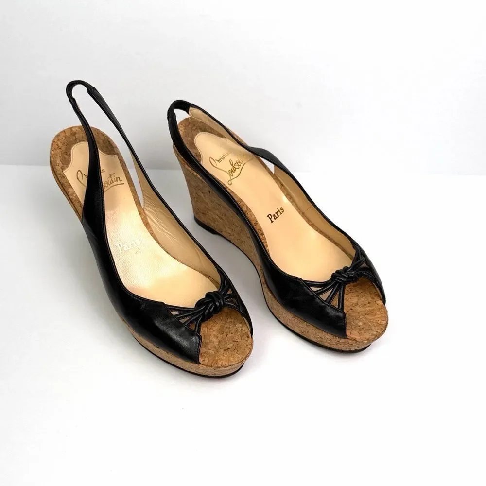 Christian Louboutin Cork Wedges Sandals Black Leather Peep Toe Slingback US 8